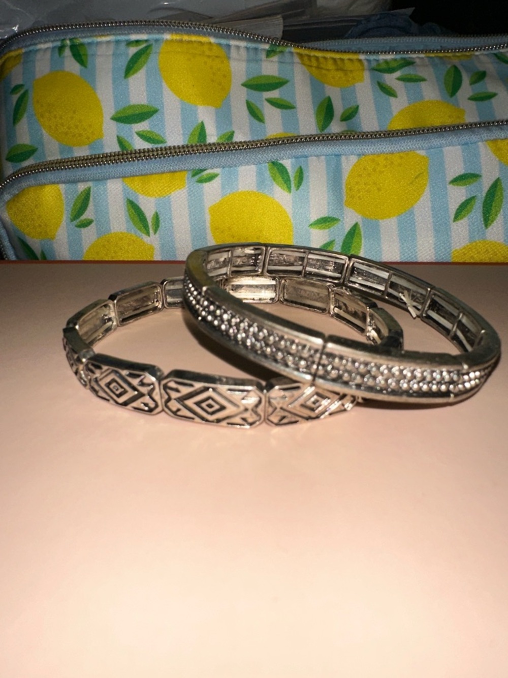 Set of Two Silver-Tone Stretch Bracelets with Geometric and Stud Accents